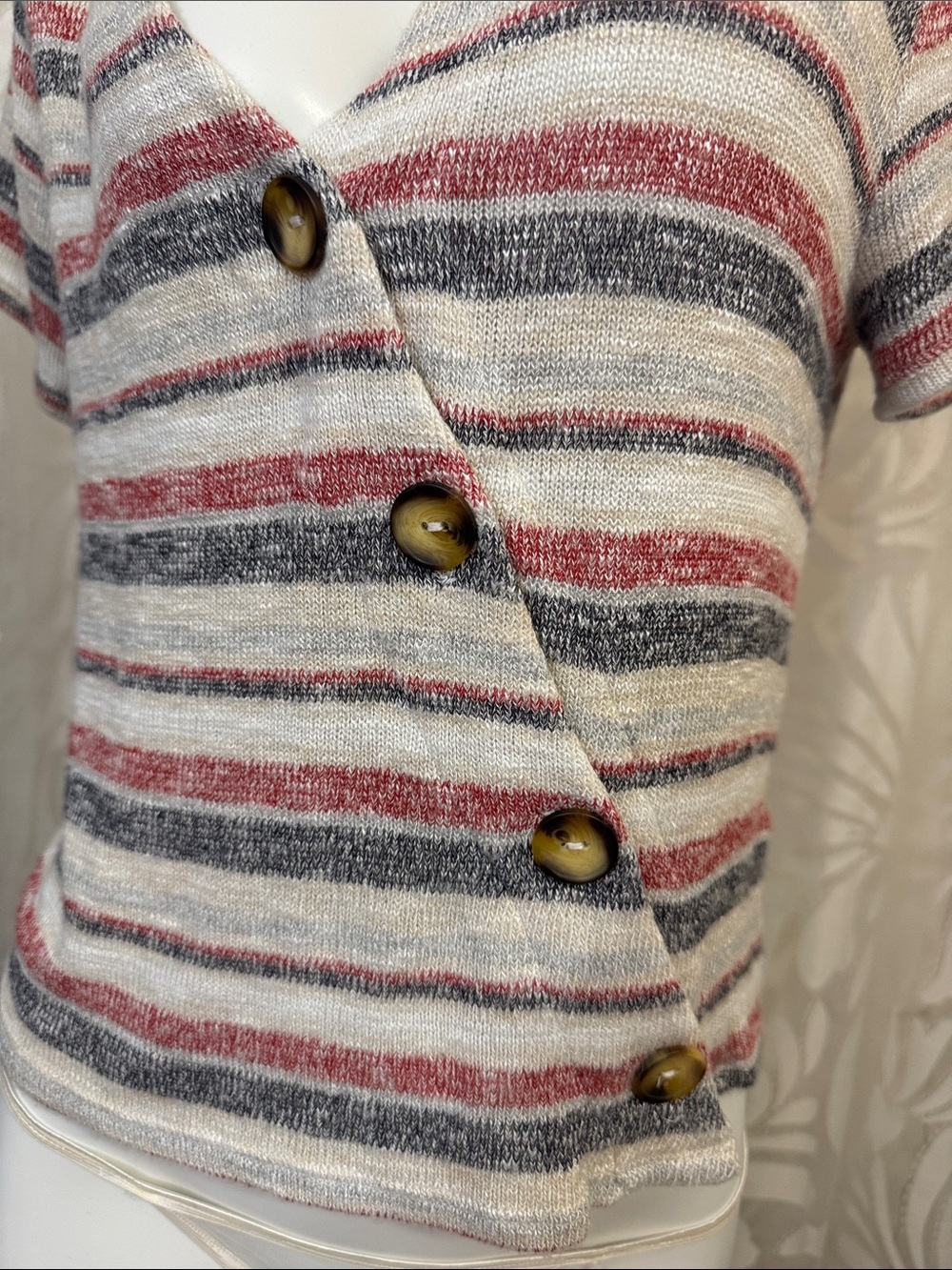 Striped Short-Sleeve Button Front Knit Top - Red White & Blue Patriotic Colors
